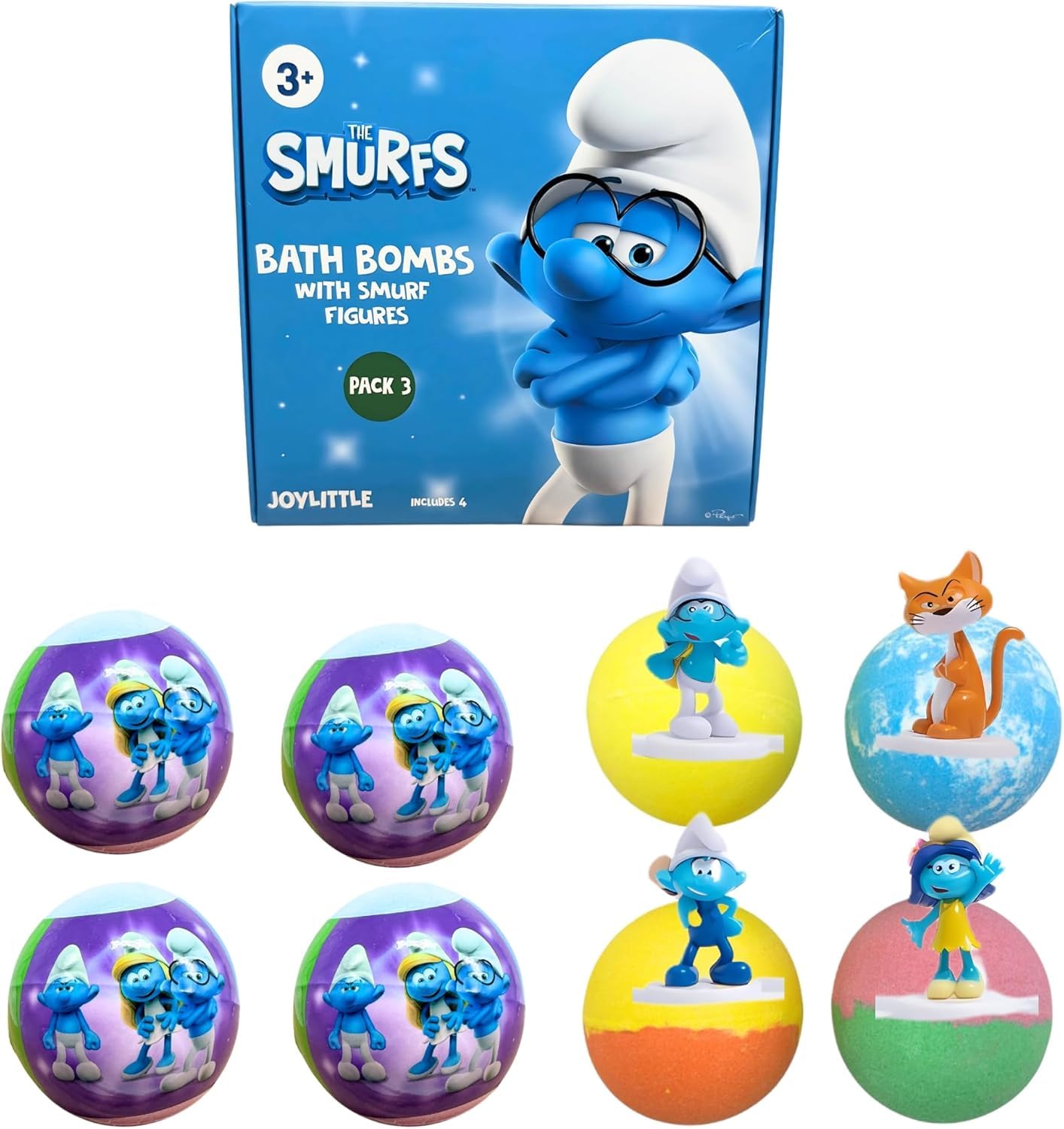 The Smurfs Bath Bombs with Action Figures-Brainy, Handy Smurf, Blossom, and Azrael (Pack 3) Beauty and Personal Care Joylittle