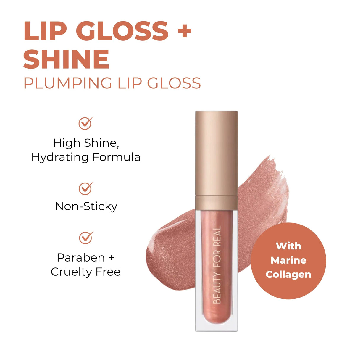Beauty For Real Lip Gloss + Shine, Plumping High Shine Hydrating Gloss, Turned On, Sheer Lip Bite Nude, Light + Mirror, Cruelty Free, 0.15 fl oz Beauty & Personal Care Beauty For Real