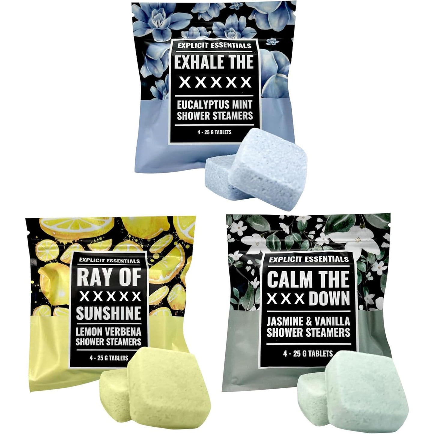 Explicit Essentials Shower Steamers Gift Set - 12 Aromatherapy Shower Steamers (3 Scent Trio) - Eucalyptus Mint, Jasmine Vanilla & Lemon Eucalyptus Beauty and Personal Care Explicit Essentials