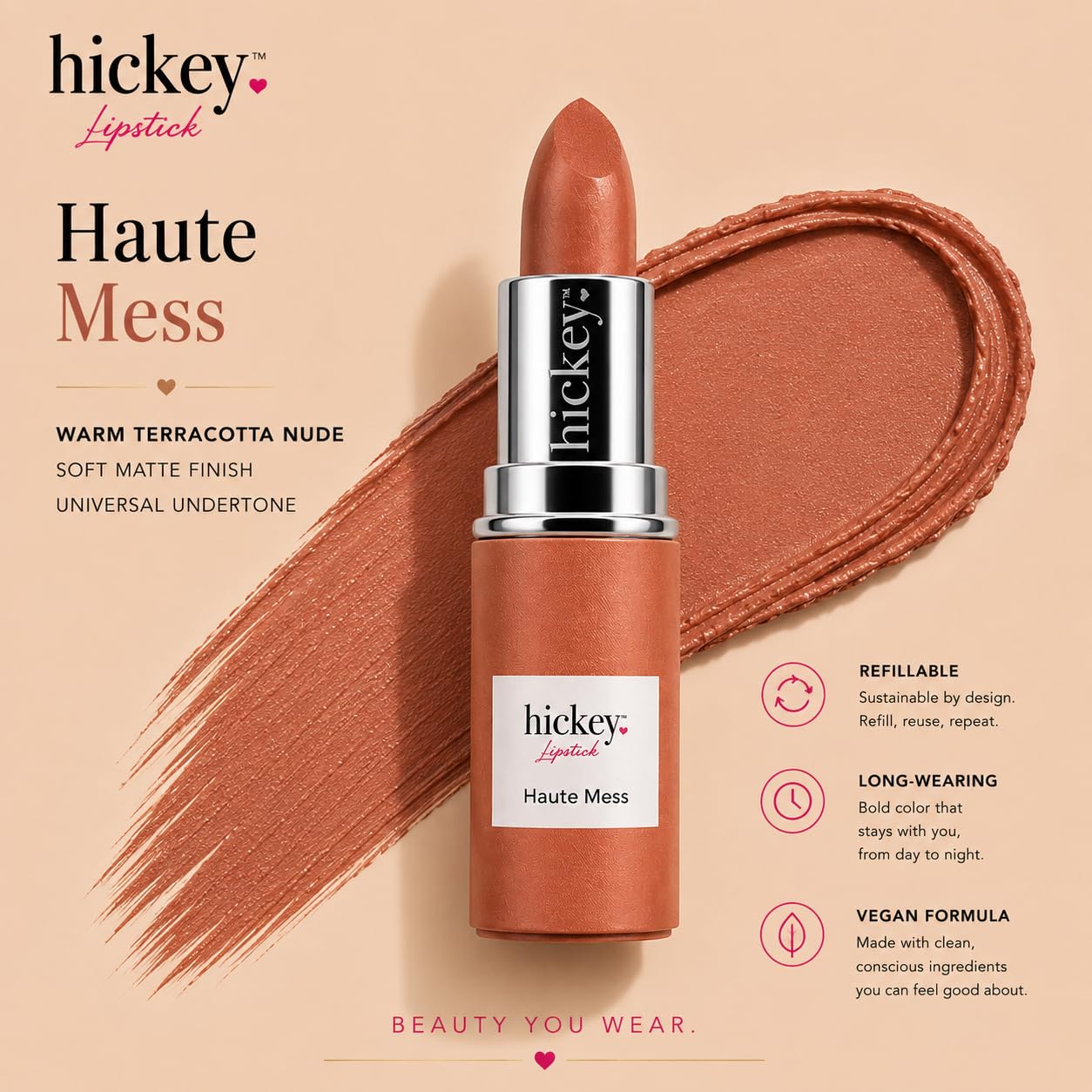 Hickey Lipstick Refill - Haute Mess (Terracotta) - Hydrating Formula with Jojoba Oil, Long Lasting Velvet Finish Lipstick for Women - Vegan & Beauty & Personal Care Hickey
