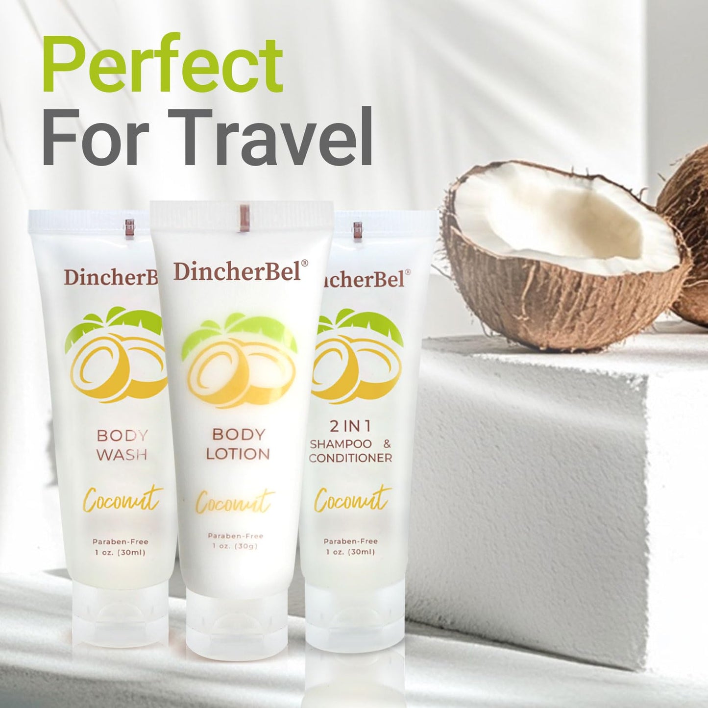 Travel Size Toiletries Kits, Bulk Mini Hotel Guest Amenities (Tropical Coconut, 1oz each), 3-Piece Sets Refreshing Coconut Scent - 50 Shampoo Beauty & Personal Care DincherBel