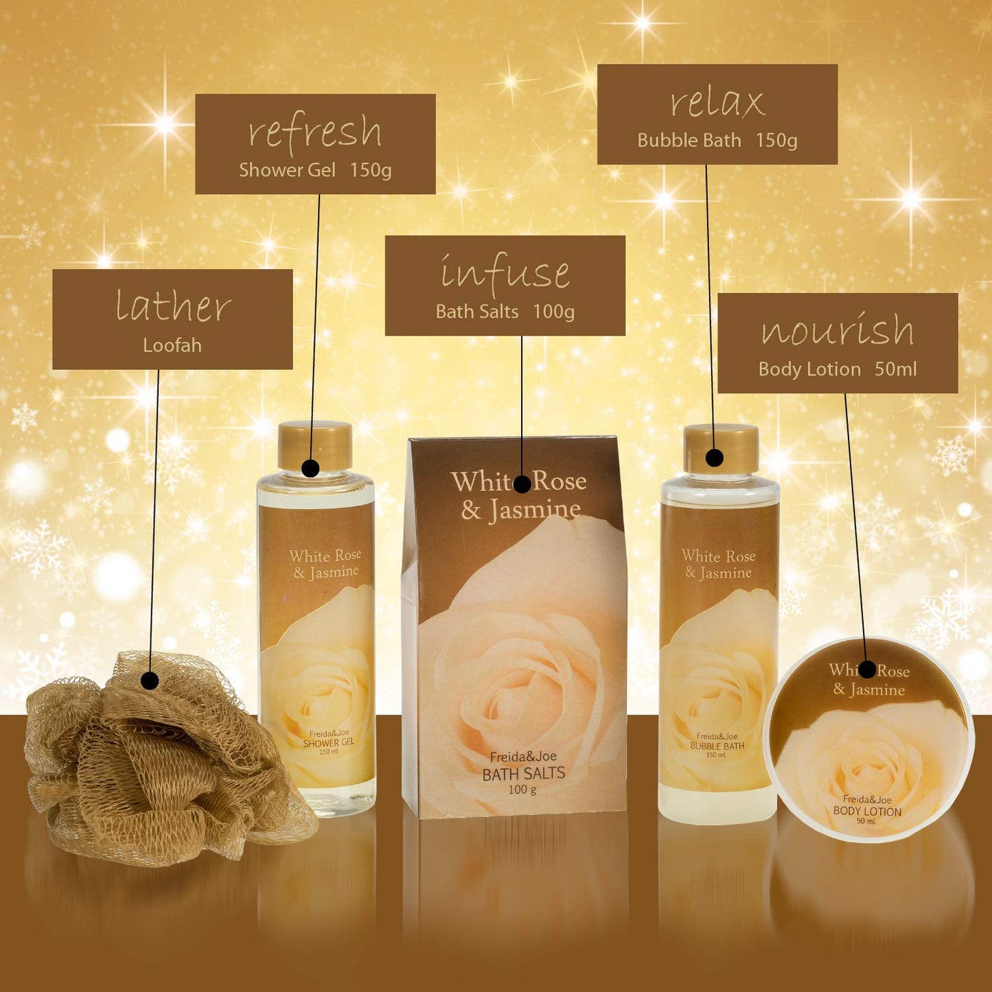White Rose Jasmine Spa Set For Women in Elegant Gold Tub Includes Shower Gel, Bubble Bath, Body Lotion, Jasmine Bath Salt, Pouf, Award Winning Bath Beauty & Personal Care Freida and Joe