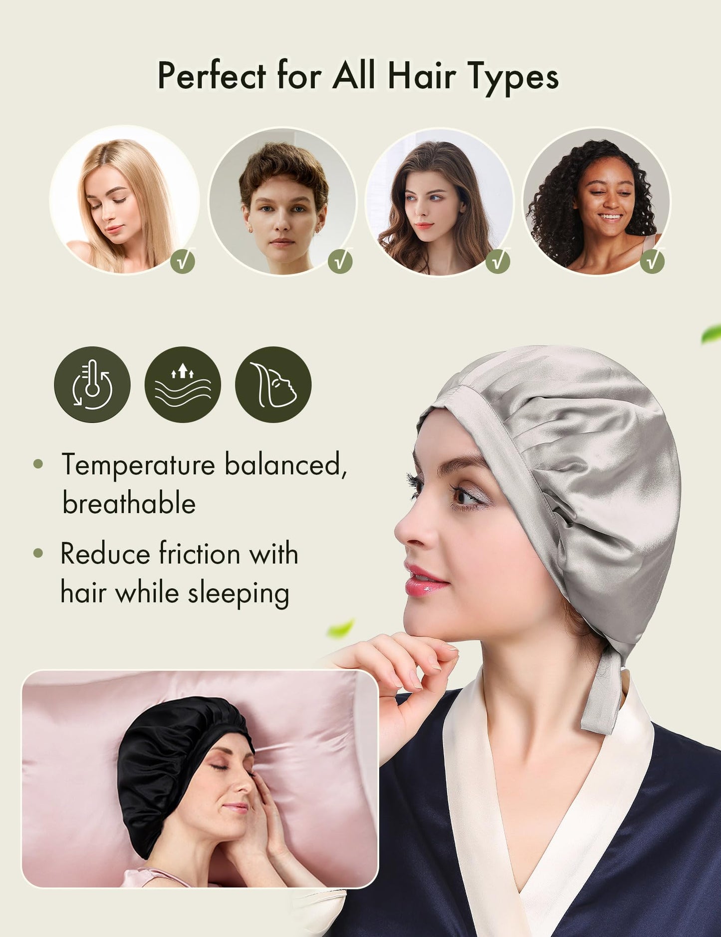 LilySilk 100% Mulberry Silk Bonnet, Silk Night Sleep Cap Adjustable Hair Wrap for Sleeping, Silvergray Beauty and Personal Care LilySilk