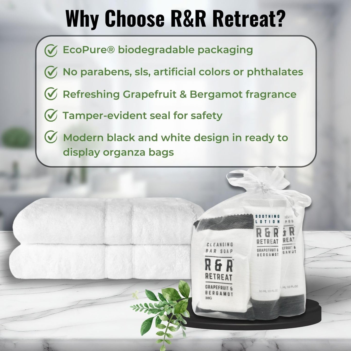 R&R Retreat Hotel Toiletry Sets - 30 Pre-Assembled 3-Piece Guest Amenities in Organza Bags - 2-in-1 Conditioning Shampoo, Body Lotion & Sachet-Wrapped Beauty and Personal Care Vacation Home Amenities