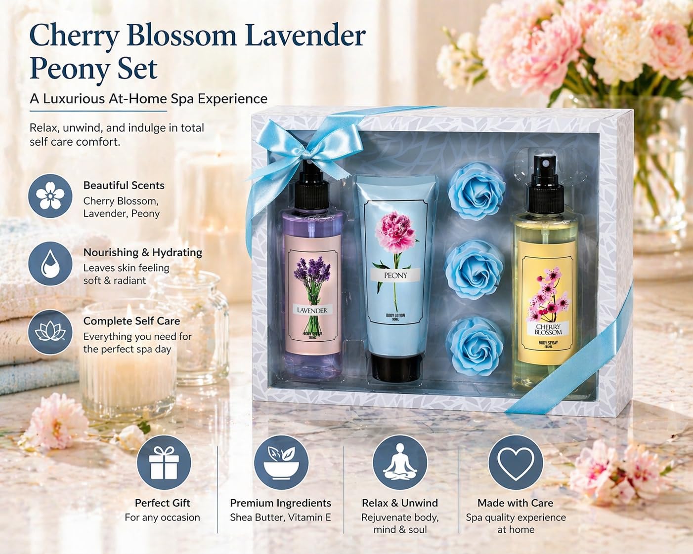 Cherry Blossom Lavender Peony Set - Mother's Day Spa Gift Basket for Mom, Luxury Bath & Body Set, Cherry Blossom, Lavender, Peony Scented Self Care Beauty and Personal Care Freida and Joe