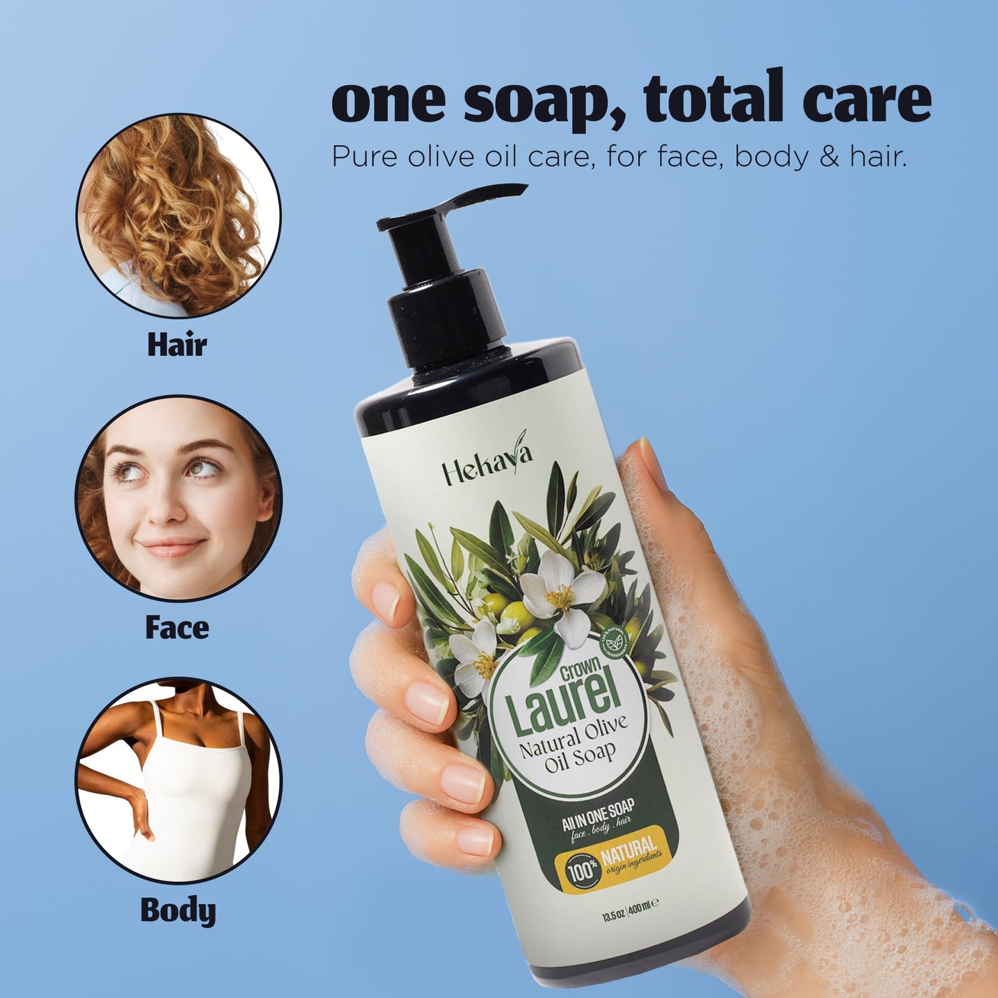 Hekaya Natural Olive Oil Liquid Soap - Laurel Scent | Handmade, Vegan, Sulfate & Paraben Free | Face, Body & Hand Wash | Moisturizing Castile Soap | Beauty & Personal Care Hekaya