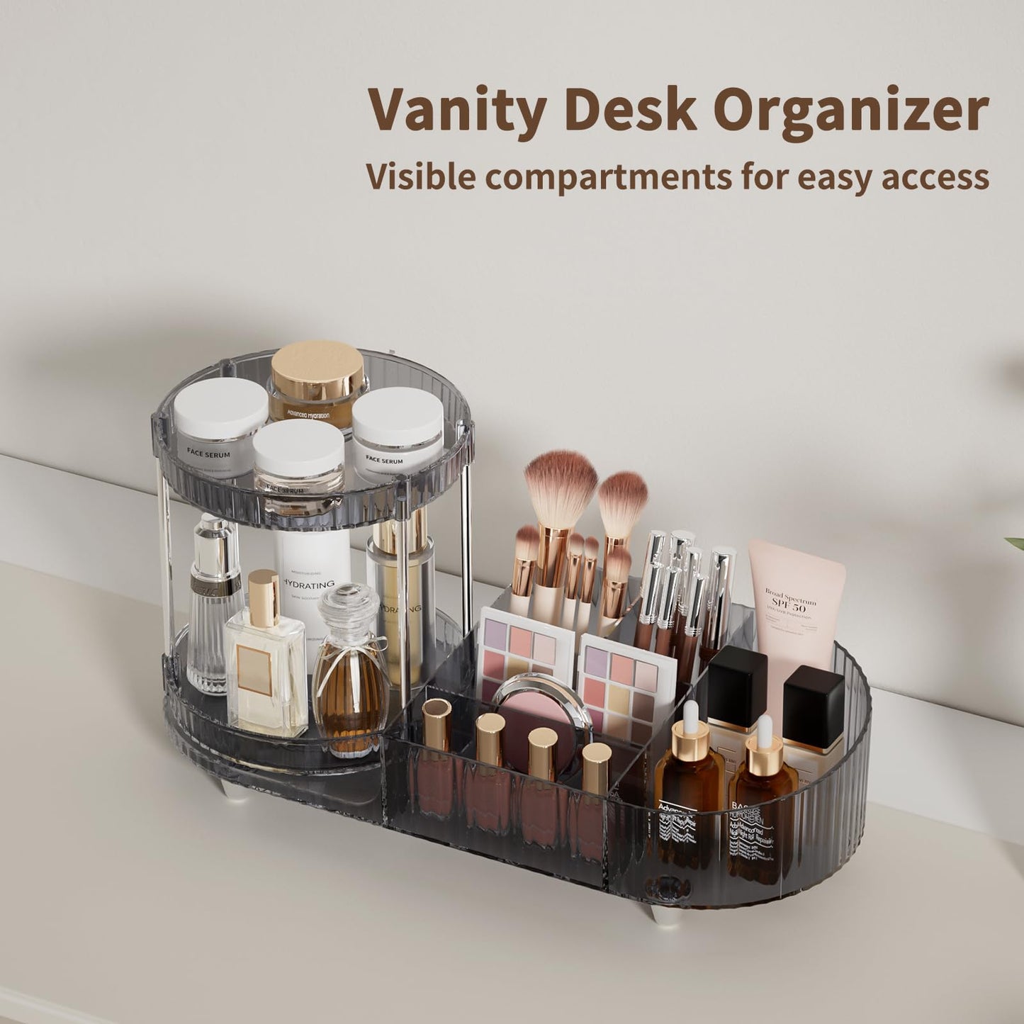 Makeup Organizer Countertop for Vanity, 360 Rotating Perfume Tray with 5-compartment Cosmetic and Skincare Organizers, Multi-Purpose Desk Storage Beauty and Personal Care Jywantful