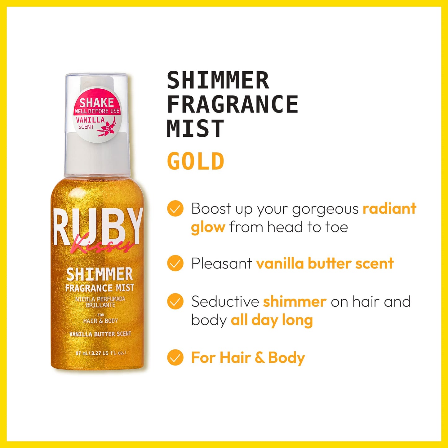 Ruby Kisses Shimmer Fragrance Body and Hair Mist Spray, Vanilla Glitter Body Perfume Spray, Skin Perfume, Liquid Illuminator Highlighter for Skin Beauty & Personal Care Ruby Kisses