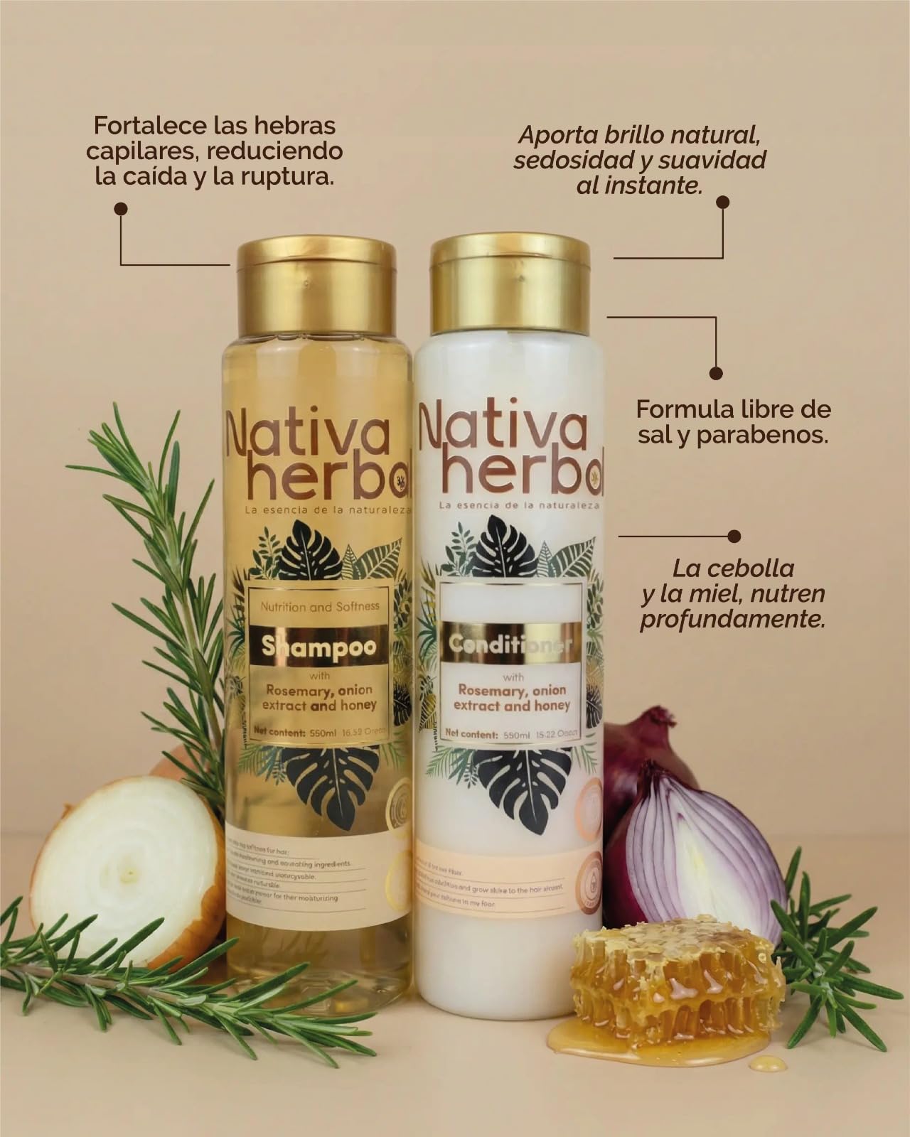Nativa Herbal Rosemary and Onion Shampoo & Conditioner - Hair Growth and Anti Hair Loss Set, Organic 18.5 fl oz Each, Strengthens Roots, Restores Beauty & Personal Care Nativa herbal