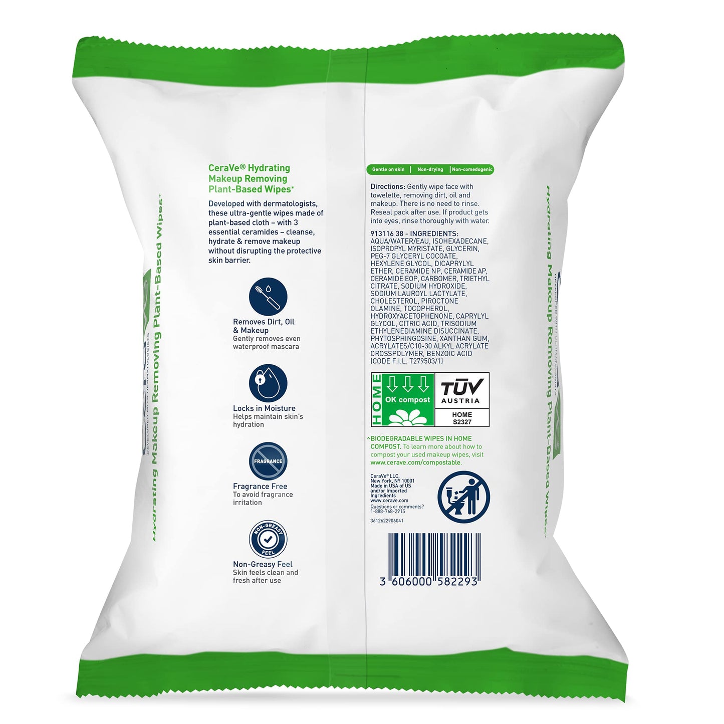 CeraVe Makeup Remover Wipes, Plant Based Face Wipes, Biodegradable in Compost, Waterless Face Wash, Travel Essentials for Women, Suitable Beauty and Personal Care CeraVe