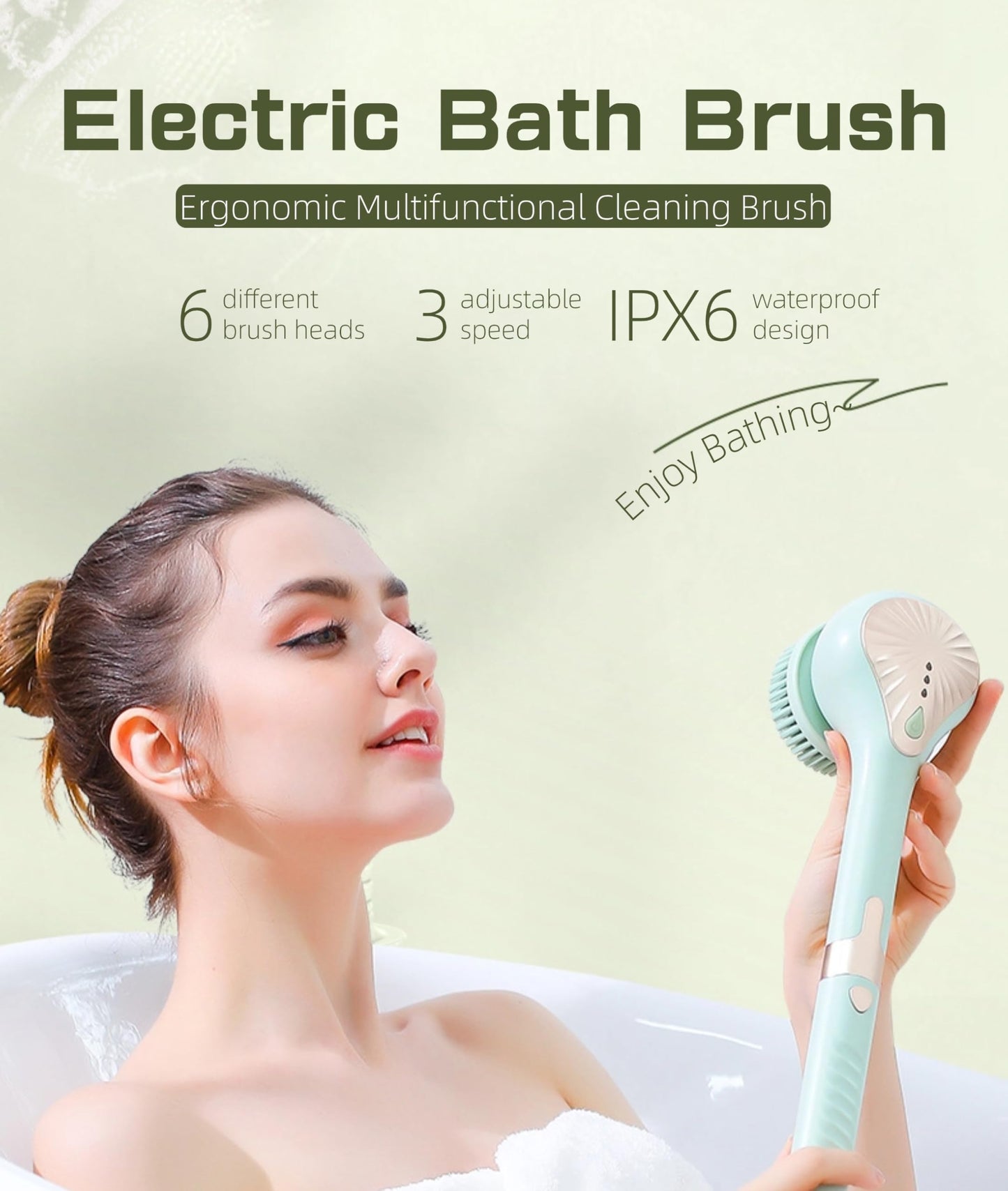 Electric Body Brush Back Scrubber for Shower, IPX6 Water Proof Bath Brush with Long Handle, 6 Heads 3 Speeds Rechargeable Electric Spin Scrubber Beauty and Personal Care Yoidesu