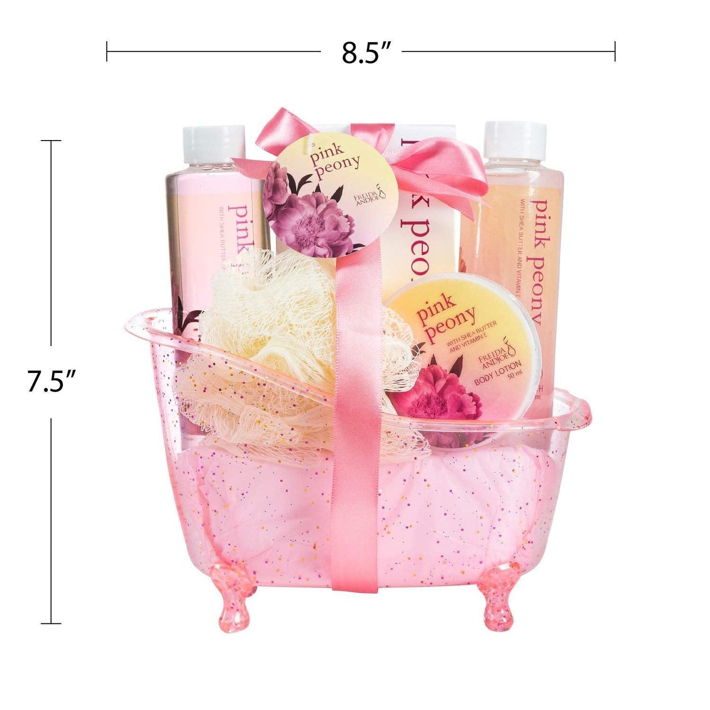Home Spa Gift Basket Peony Spa Set For Women, Contains Shower Gel, Bubble Bath, Body Lotion, Peony Bath Salt & Puff in a Pink Feminine Tub - Mother's Beauty & Personal Care Freida and Joe