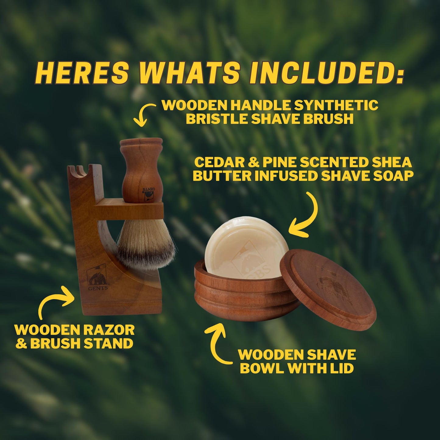 GENTS Timber & Lather Shaving Gift Set for Men - Wooden Brush, Shave Bowl with Lid, Razor & Brush Stand, Cedar Pine Shea Soap Beauty and Personal Care G.B.S