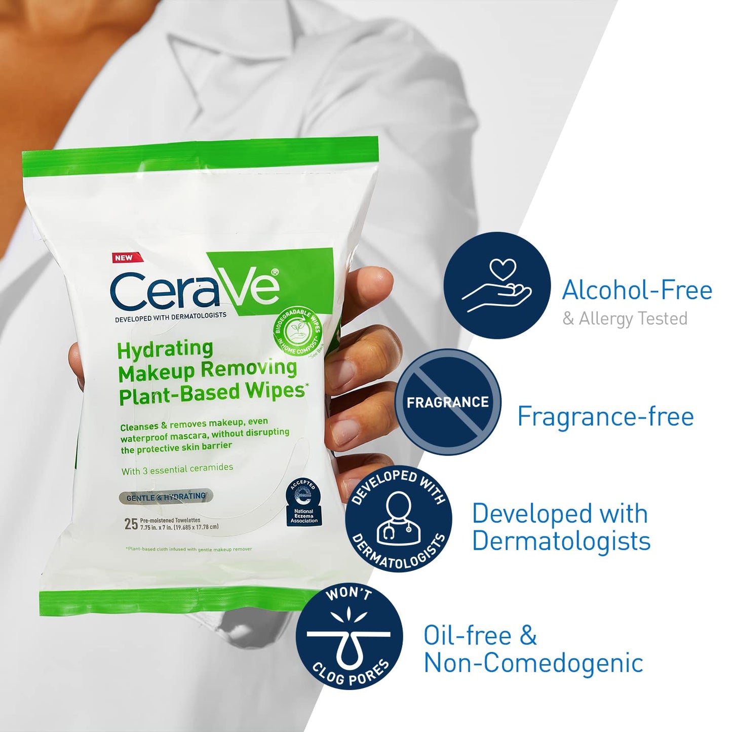 CeraVe Makeup Remover Wipes, Plant Based Face Wipes, Biodegradable in Compost, Waterless Face Wash, Travel Essentials for Women, Suitable Beauty and Personal Care CeraVe
