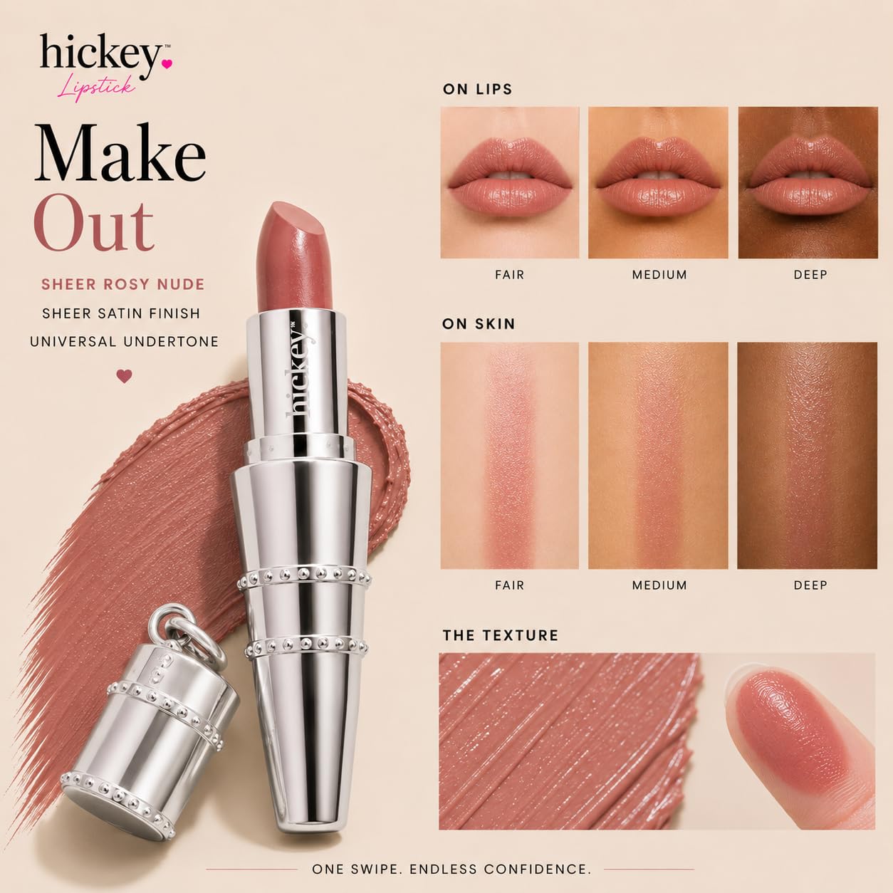 Hickey Refillable Pendant Lipstick, Make Out[Sheer Mauve Nude] - Wearable Satin Lip Color on a Chain, Refillable Clean Beauty, Full Lipstick Included Beauty & Personal Care Hickey