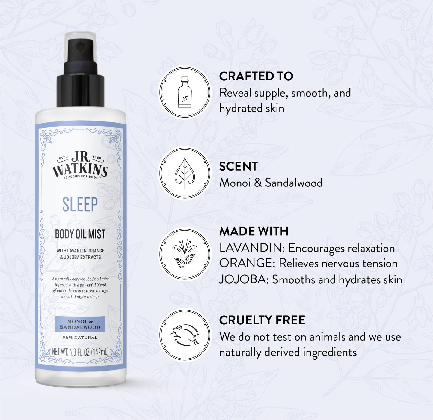 J.R. Watkins Sleep Body Oil Mist, Hydrates Skin and Encourages Restful Sleep, Natural Monoi & Sandalwood, 4.8 oz Beauty & Personal Care J.R. Watkins