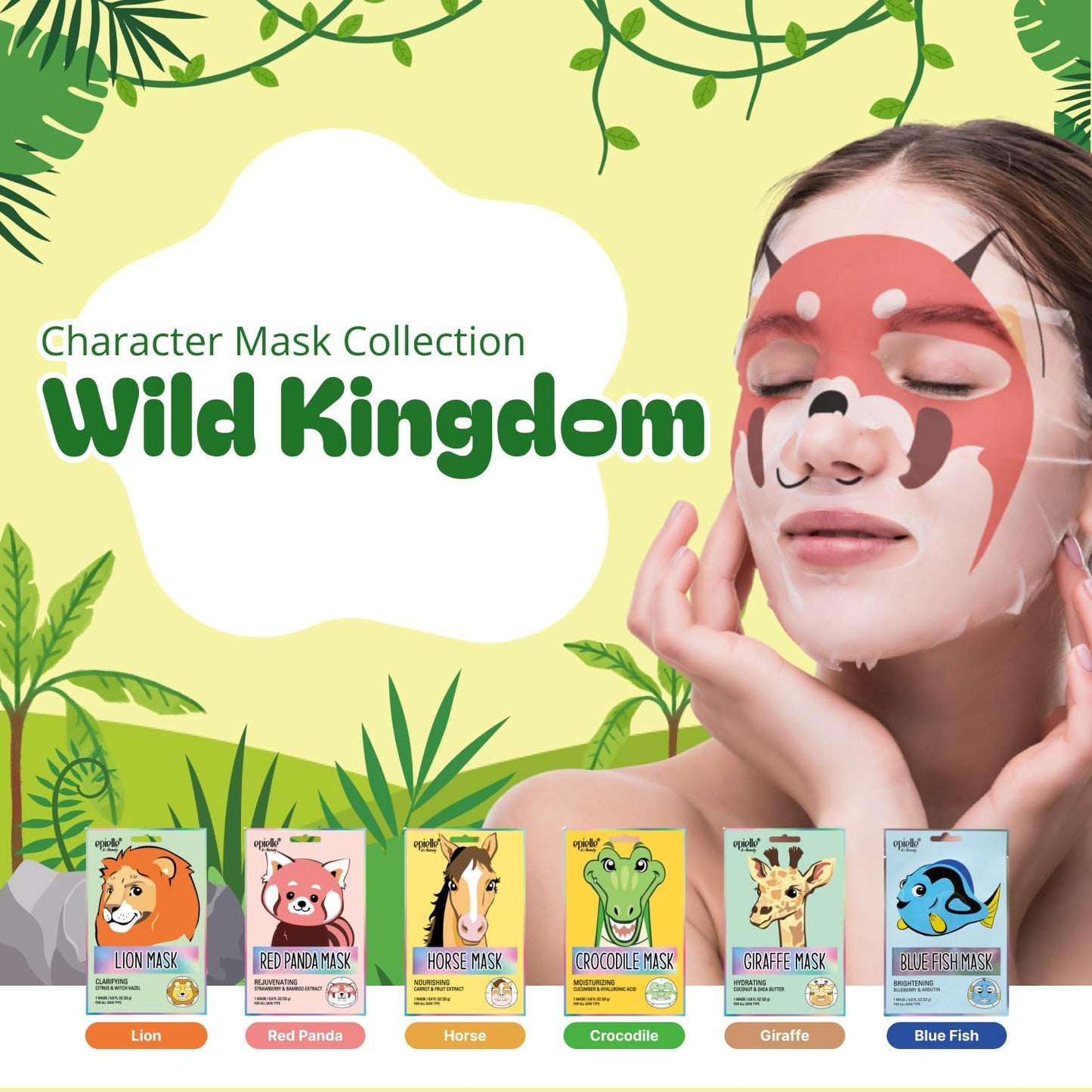 Epielle Character Face Mask Wild Kingdom 6 Pack, Fun & Effective Korean Skin Care, Spa Party Favors, Stocking Stuffers, Birthday Gifts for Women, Self Beauty & Personal Care Epielle