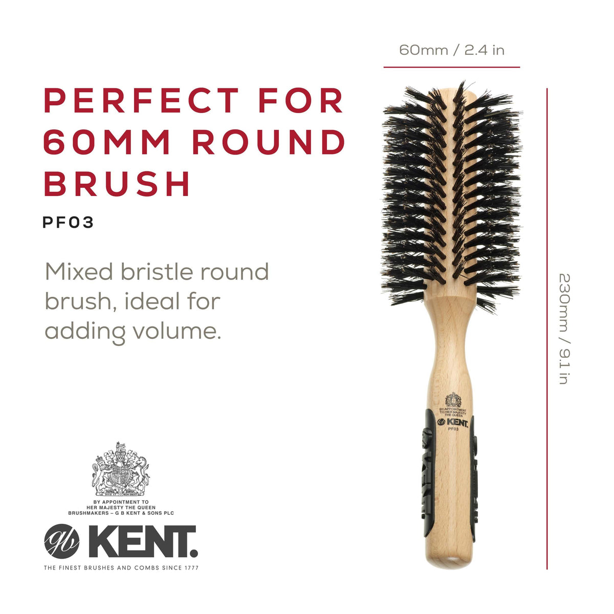 Kent PF03 Round Boar Bristle Hair Brush with Nylon Bristle Mix, Round HairBrush for Blow Drying and Blowout, for Shoulder Length or Short Hair, Rubber