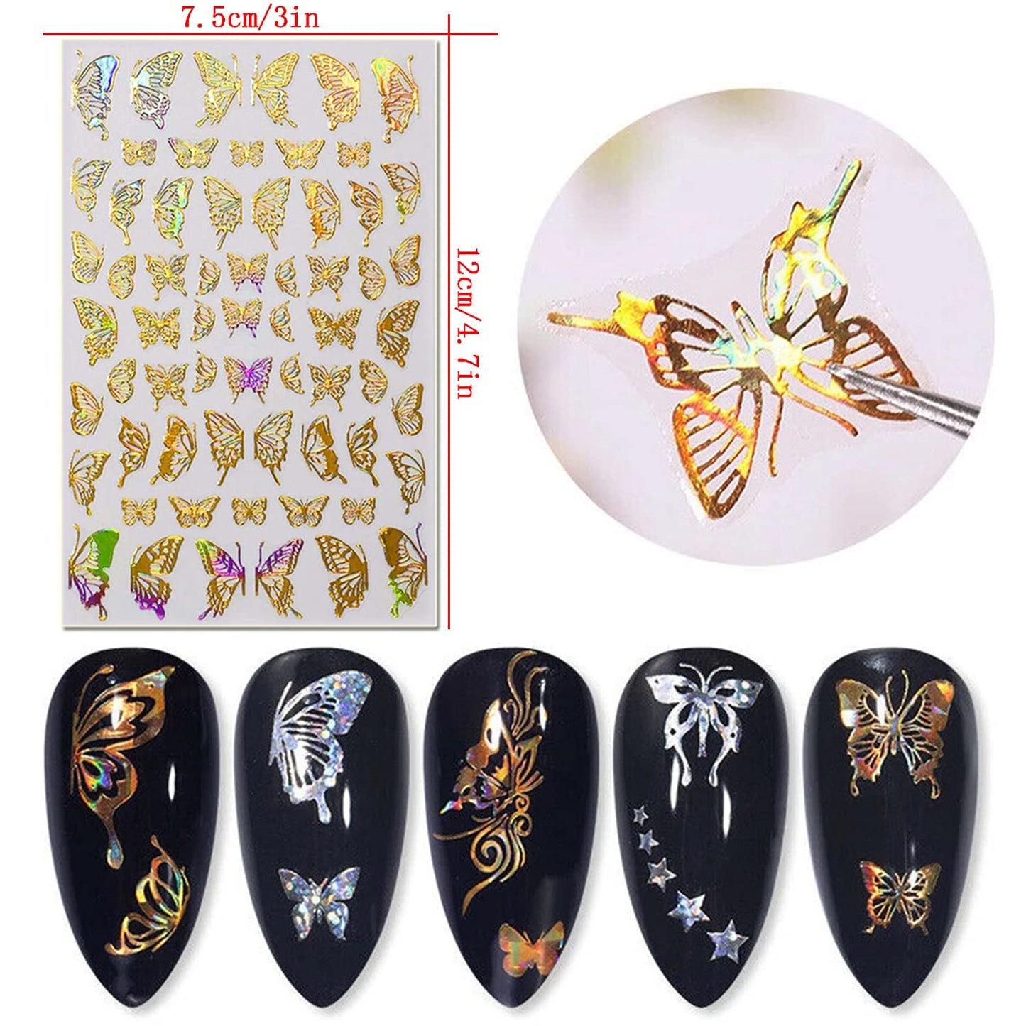 8 Sheets Butterfly Nail Adhesive Sticker - Laser Craft Glitter Gold and Silver Shapes for Art Design and Decoration - 3D Luxury Foils for Acrylic Beauty & Personal Care TBRZTR