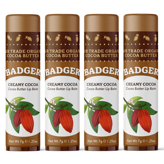 Badger Creamy Cocoa Cocoa Butter Lip Balm, Long Lasting Hydrating Lip Moisturizer, Fair Trade, Large Size Stick, 100% Organic Lip Care, 4-pack Beauty & Personal Care Badger