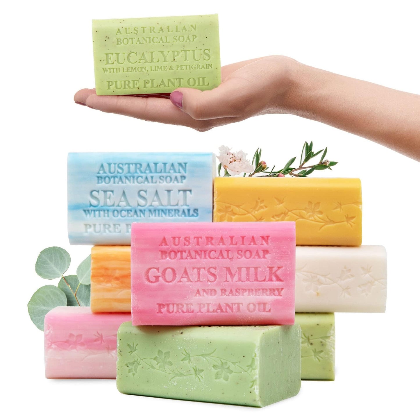 Australian Botanical Soap Variety Pack, 6.6 oz Bars - Goat Milk, Eucalyptus, Manuka Honey, Sea Salt, Pink Lychee, Lemongrass, Raspberry, Valencia Beauty & Personal Care Australian Botanical Soap