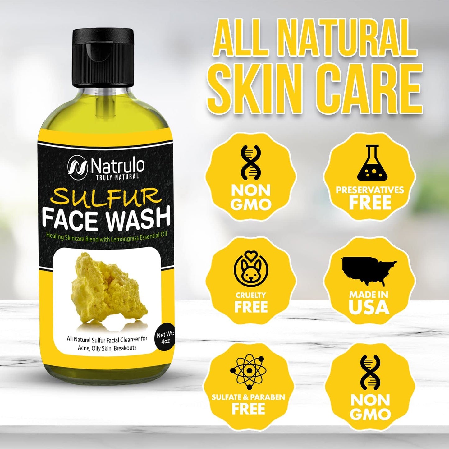 Sulfur Face Wash for Acne - All Natural Sulfur Facial Cleanser for Oily Skin, Breakouts - Healing Skincare Blend with Lemongrass Essential Oil - 4oz Beauty & Personal Care Natrulo