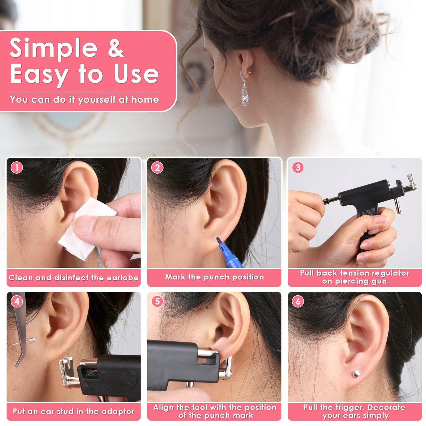 Professional Ear Piercing Gun Kit, Reusable Piercing Gun with Stainless Steel Piercing Earrings Studs, Crystal Earrings for At Home Salon Earlobe Beauty and Personal Care Evatage