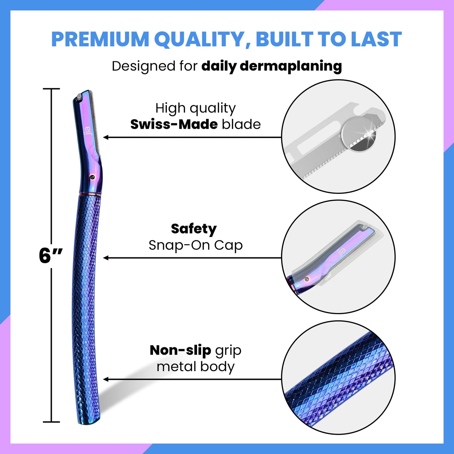 Jia Dermaplane Facial Metal Razor in Iridescent Night with 20 Swiss-Made Replacement Blades - Eyebrow Trimmer & Face Shaver for Women and Men, Peach Beauty and Personal Care jia Personal Care