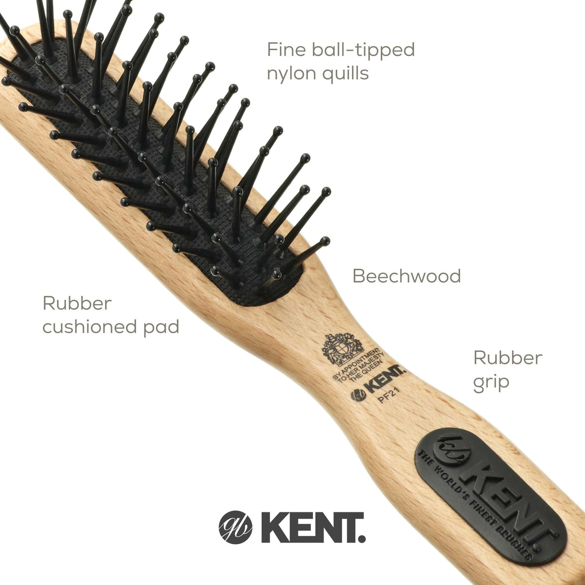 Kent PF21 Narrow Cushion Paddle Brush - Taming Fine Pins, Detangling Long, Thick and Curly Hair, Scalp Massager for Growth Stimulation on Wet or Dry