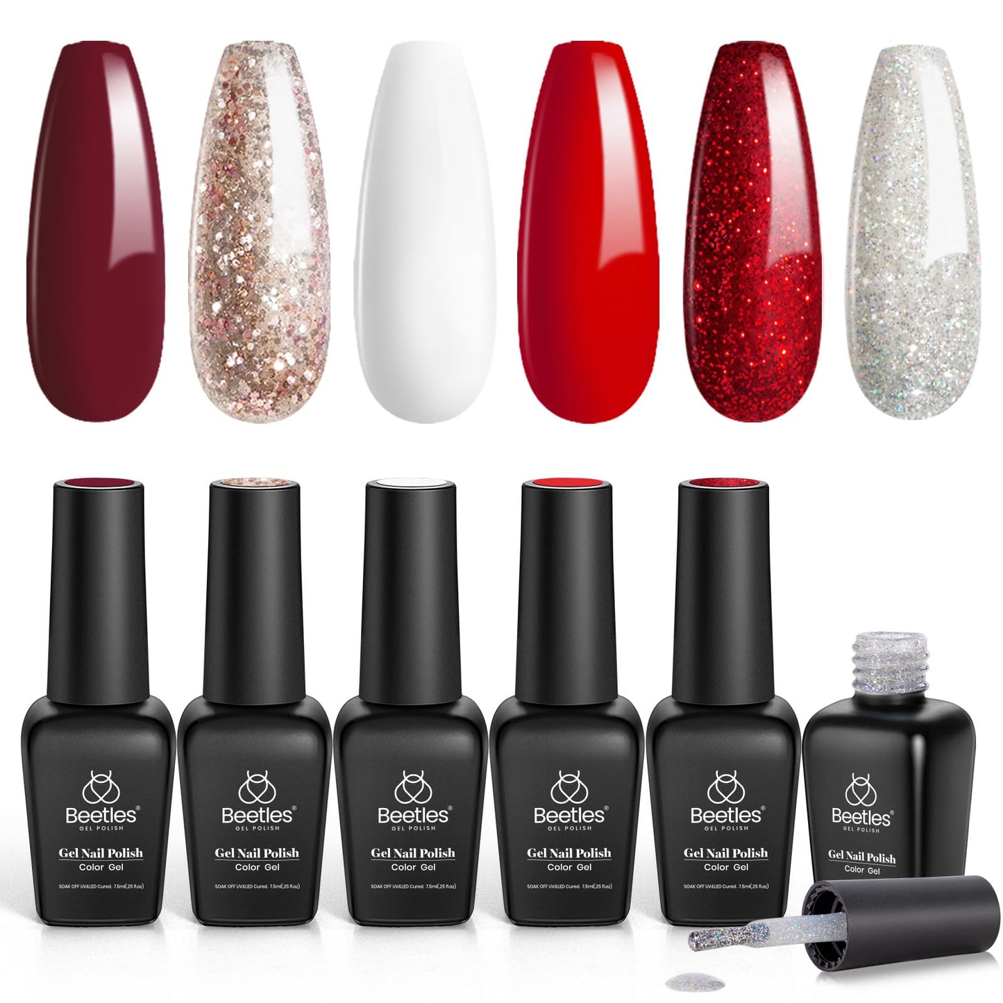Beetles Gel Nail Polish - Candy Cane Gel Polish Set, 6 Color Burgundy Red Glitter White Silver Snow Holiday Sparkle Manicure Kit Soak off Uv Nail Art Beauty & Personal Care beetles Gel Polish