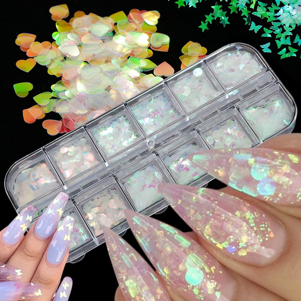 UARUOGP 24 Grids Holographic Nail Sequins and 1 Pcs Tweezers,Iridescent Mermaid Flakes Ultra-Thin Colorful Flakes Glitter Sticker,DIY Face Body Eyes Beauty & Personal Care UARUOGP