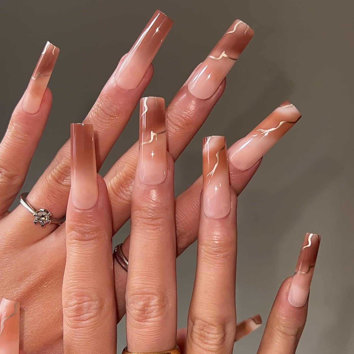 BABALAL Square Press on Nails - Long, Brown Acrylic, Ombre, Glossy Artificial Nails - Squoval Shape, for Women and Girls Beauty & Personal Care BABALAL