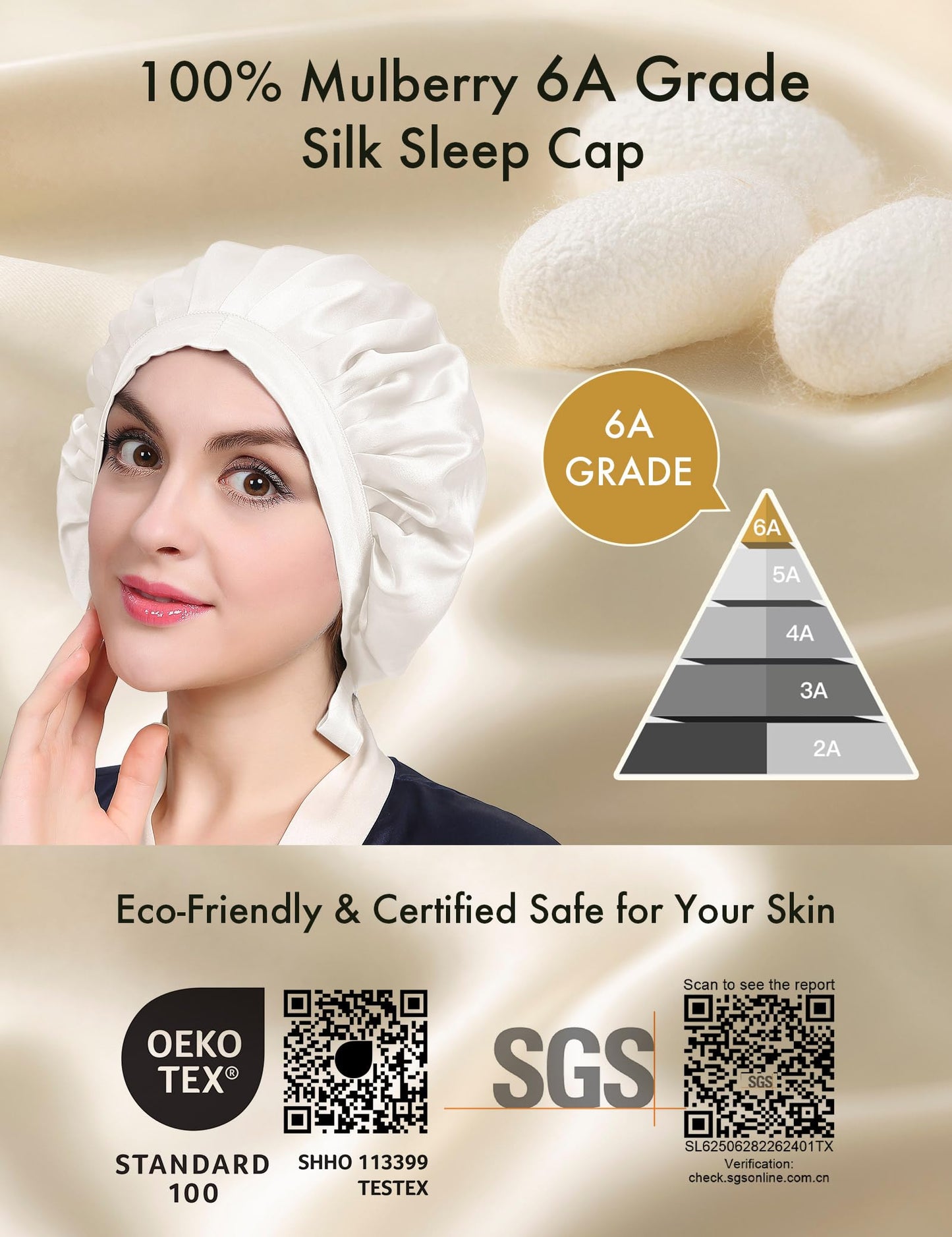 LILYSILK 100% Mulberry Silk Bonnet, 19 Momme Silk Night Sleep Cap Adjustable Hair Wrap for Sleeping, Ivory Beauty and Personal Care LilySilk