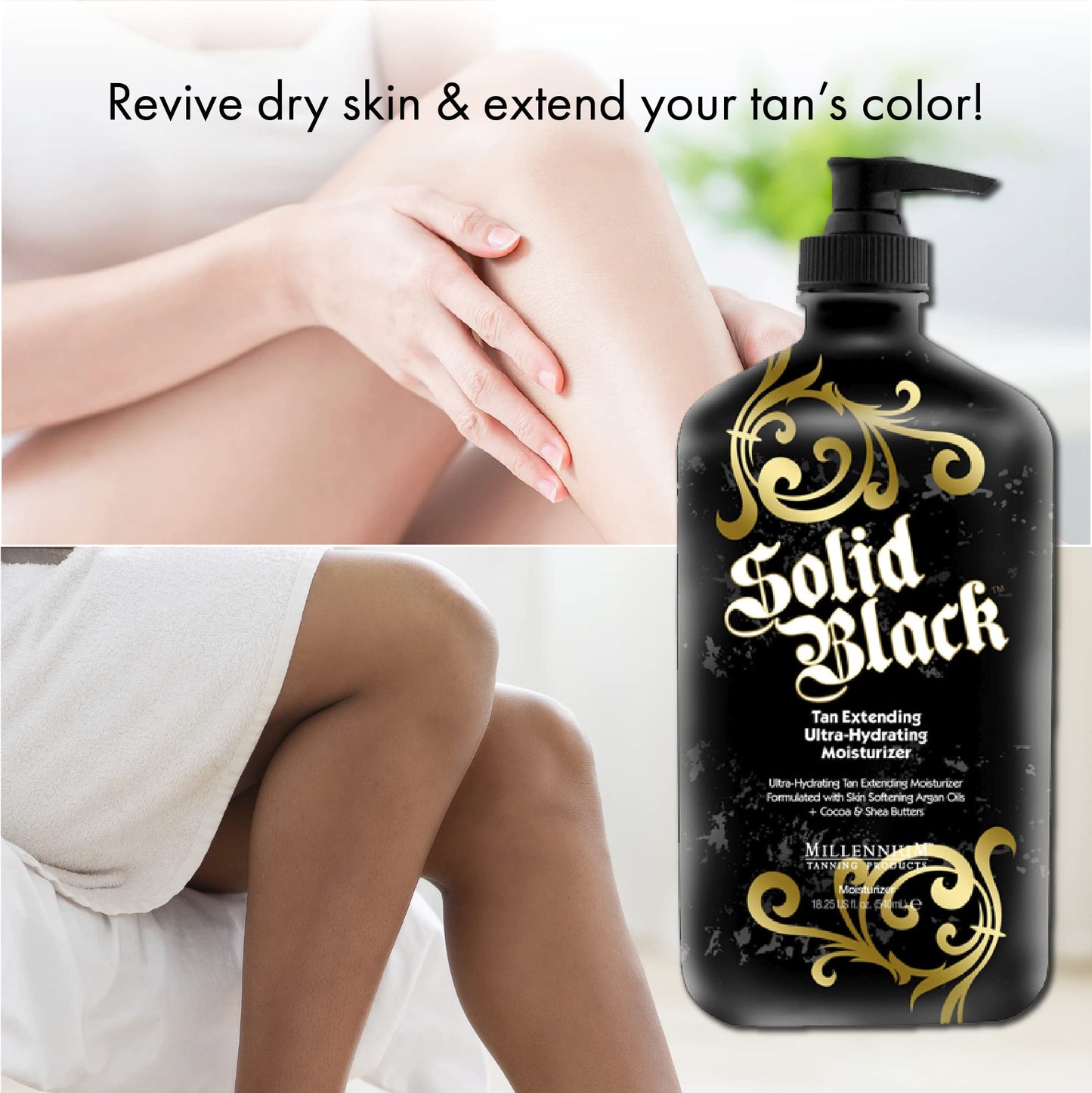 Millennium Tanning Solid Black Tan Extender Moisturizer Body Lotion Tattoo Enhancer with Argan Oils and Aloe Vera 18.25 Fl. Oz. Beauty & Personal Care Millennium Tanning