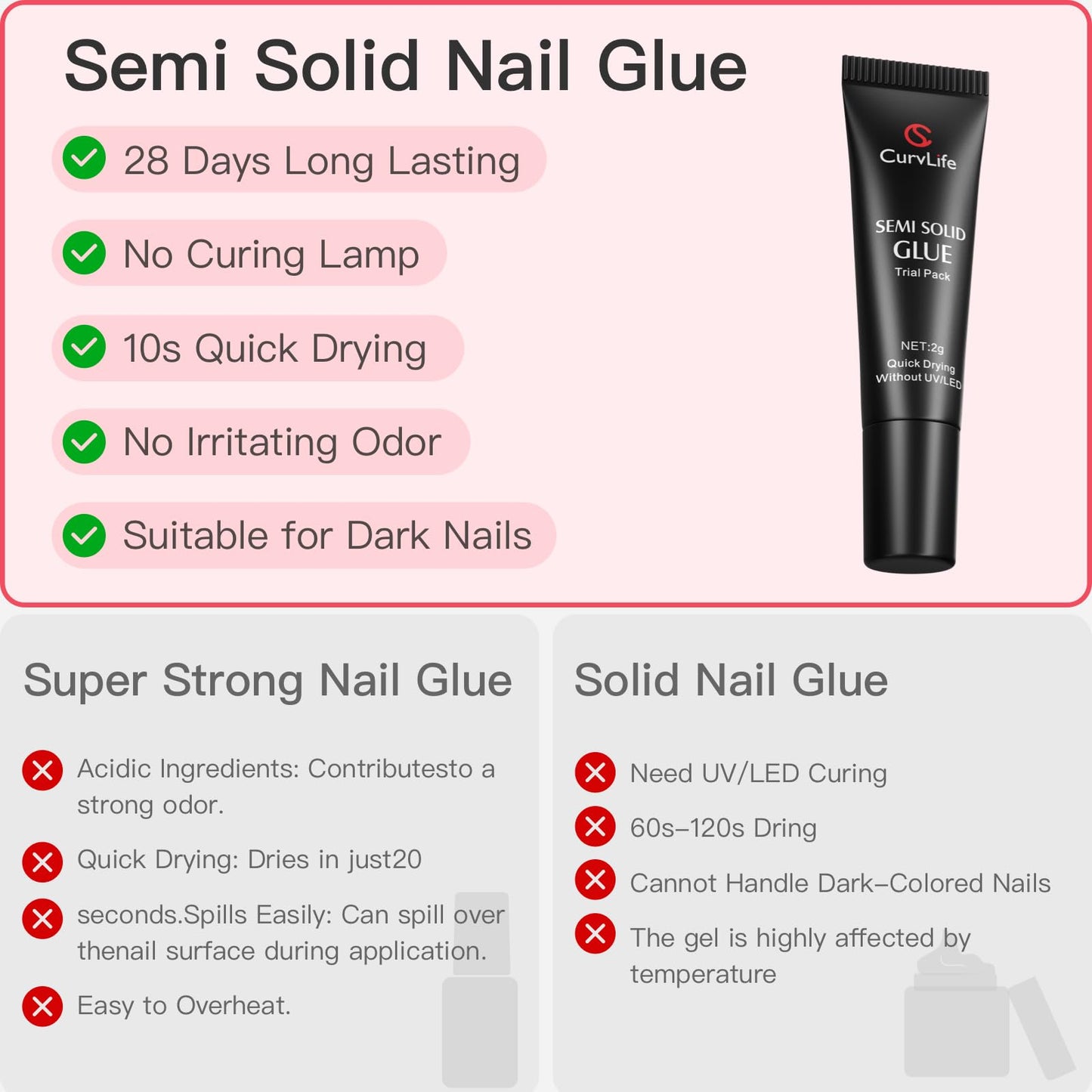 CurvLife Nail Tips Semi Solid Nail Glue 2g (5pcs) - Super Strong, Soft Glue Gel Quick Drying Adhesive for Press On Nails, No UV Light Needed Beauty and Personal Care CurvLife