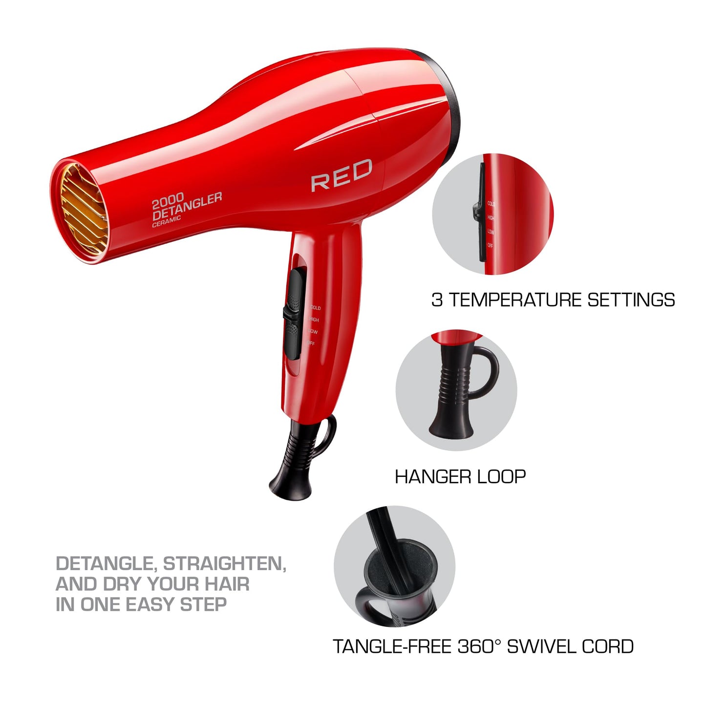 Red by Kiss 2000 Ceramic Hair Dryer, Professional Salon Blow Dryer 3 Attachments Included, 2 Detangler Piks, 1 Air Concentrator, Lightweight Beauty & Personal Care Red by Kiss