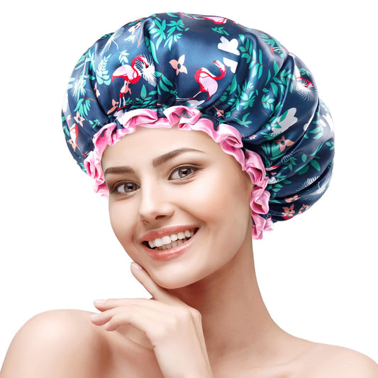 mikimini Flamingo Medium Shower Caps Pack of 2, Shower Cap for Girls and Women with Pink Lace, Reusable Waterproof Blue Shower Hat for Girls Beauty & Personal Care mikimini