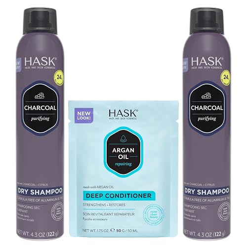 HASK Charcoal Clarifying Dry Shampoo Duo (4.3oz-Qty 2) & Argan Oil Repairing Deep Conditioner Packette, Aluminum-Free, Sulfate-Free, Paraben-Free Beauty & Personal Care HASK