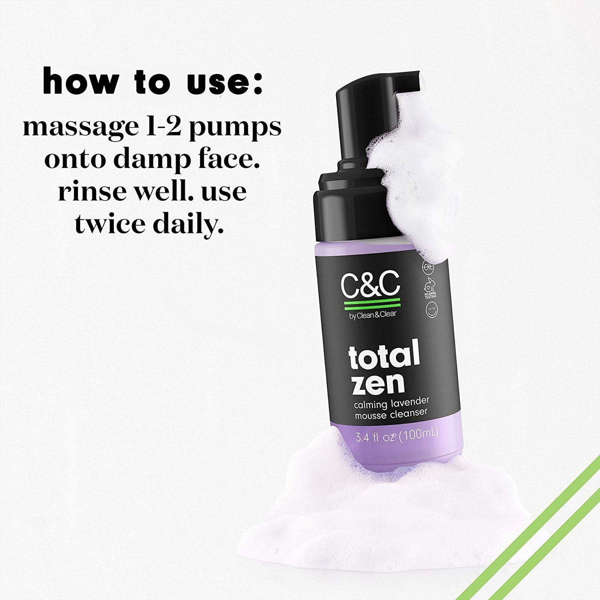C&C by Clean & Clear Total Zen Calming Lavender Mousse Facial Cleanser to Remove Dirt, Relaxing Oil-Free Face Wash for Sensitive Skin, Not Tested Beauty & Personal Care C&C by Clean & Clear
