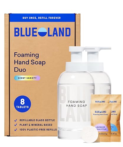 BLUELAND Hand Soap Duo, 2 Refillable Glass Foaming Hand Soap Dispensers with 8 Refill Tablets, Variety Scents, 8 x 9 Fl oz Beauty & Personal Care BLUELAND