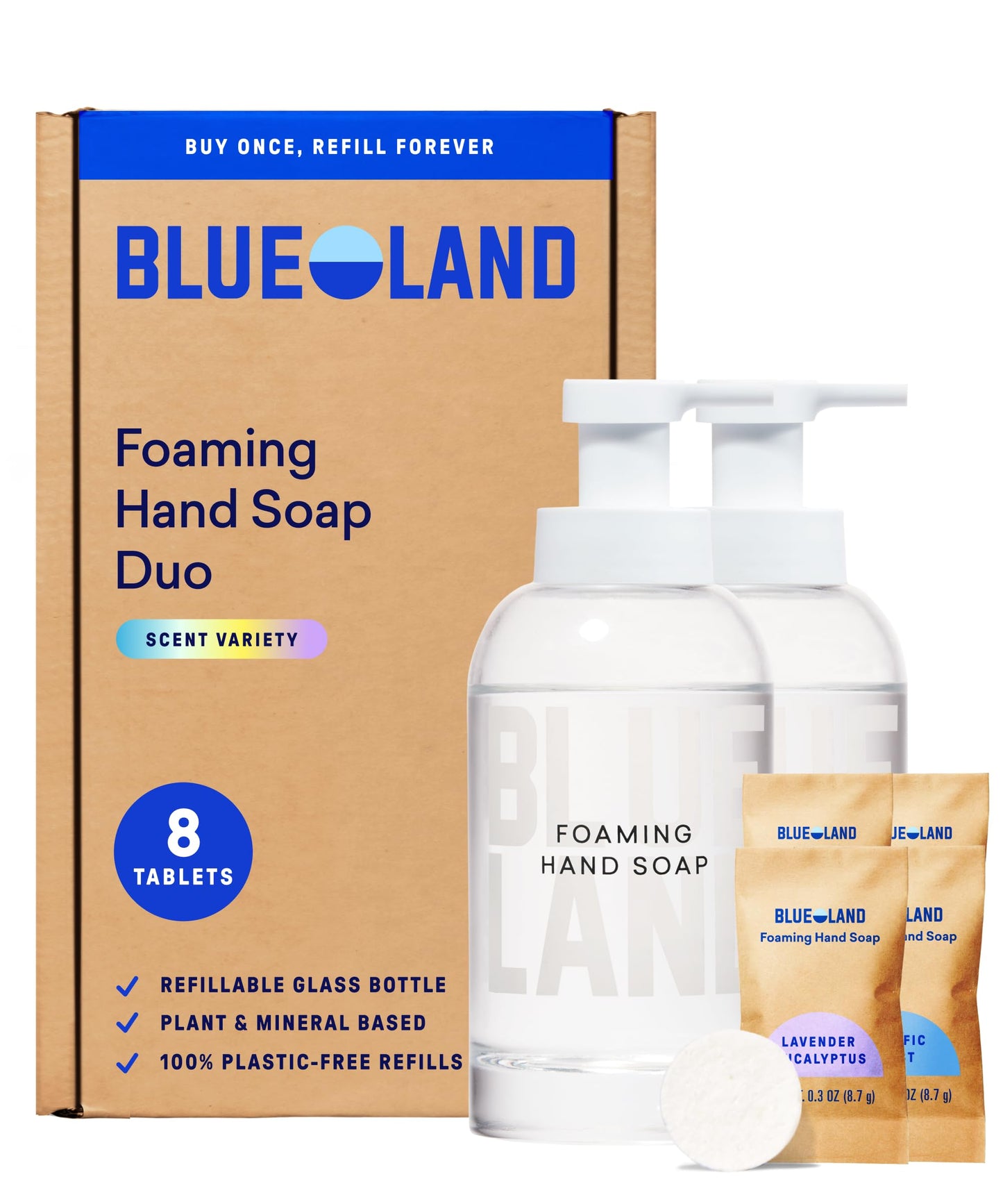 BLUELAND Hand Soap Duo, 2 Refillable Glass Foaming Hand Soap Dispensers with 8 Refill Tablets, Variety Scents, 8 x 9 Fl oz Beauty & Personal Care BLUELAND