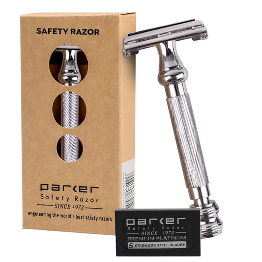 Parker 99R Chrome Long Handle Heavyweight Butterfly Open Double Edge Safety Razor for Men - 5 Parker Premium Platinum Double Edge Razor Blades Beauty and Personal Care Parker Safety Razor