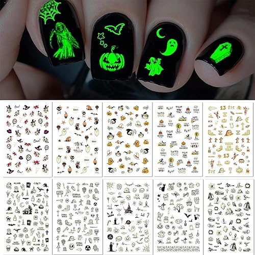 TailaiMei 10 Sheets Glow in The Dark Halloween Nail Stickers, Fluorescent Design Kids Nail Decals, Self-Adhesive DIY Nail Art Tips for Women Manicure Beauty & Personal Care TailaiMei