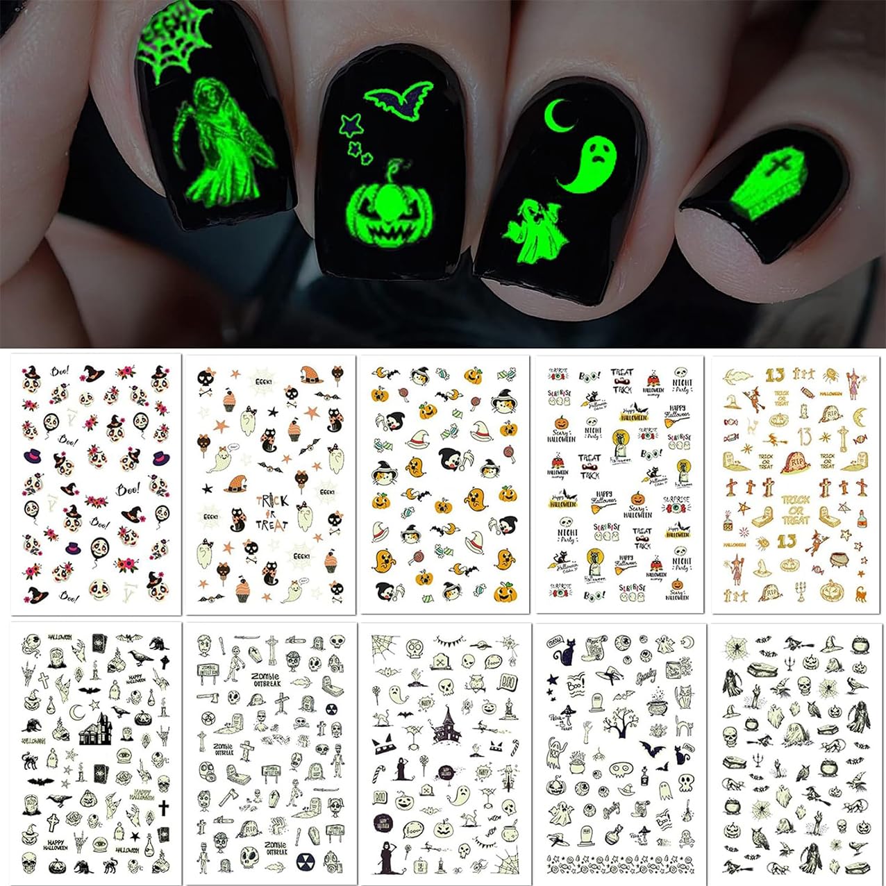 TailaiMei 10 Sheets Glow in The Dark Halloween Nail Stickers, Fluorescent Design Kids Nail Decals, Self-Adhesive DIY Nail Art Tips for Women Manicure Beauty & Personal Care TailaiMei