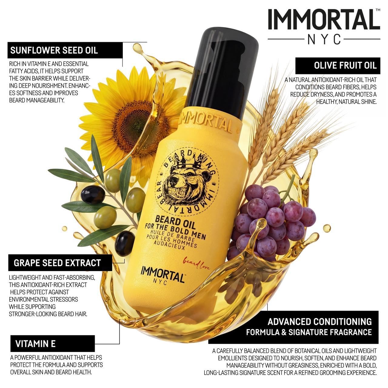 Immortal NYC Beard King Beard Oil, 3.4 oz/ 100 ml - Intense Nourishment - Natural Shine & Strength - Botanical Oil Blend Beauty and Personal Care Immortal NYC