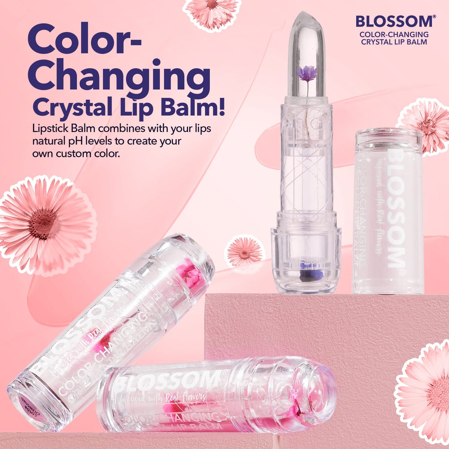 Blossom Moisturizing Scented pH Color Changing Crystal Lip Balm Strawberry Scented Lip Stain Tint, Mini Coconut Rollon Scented Lip Gloss, Infused Beauty & Personal Care Blossom