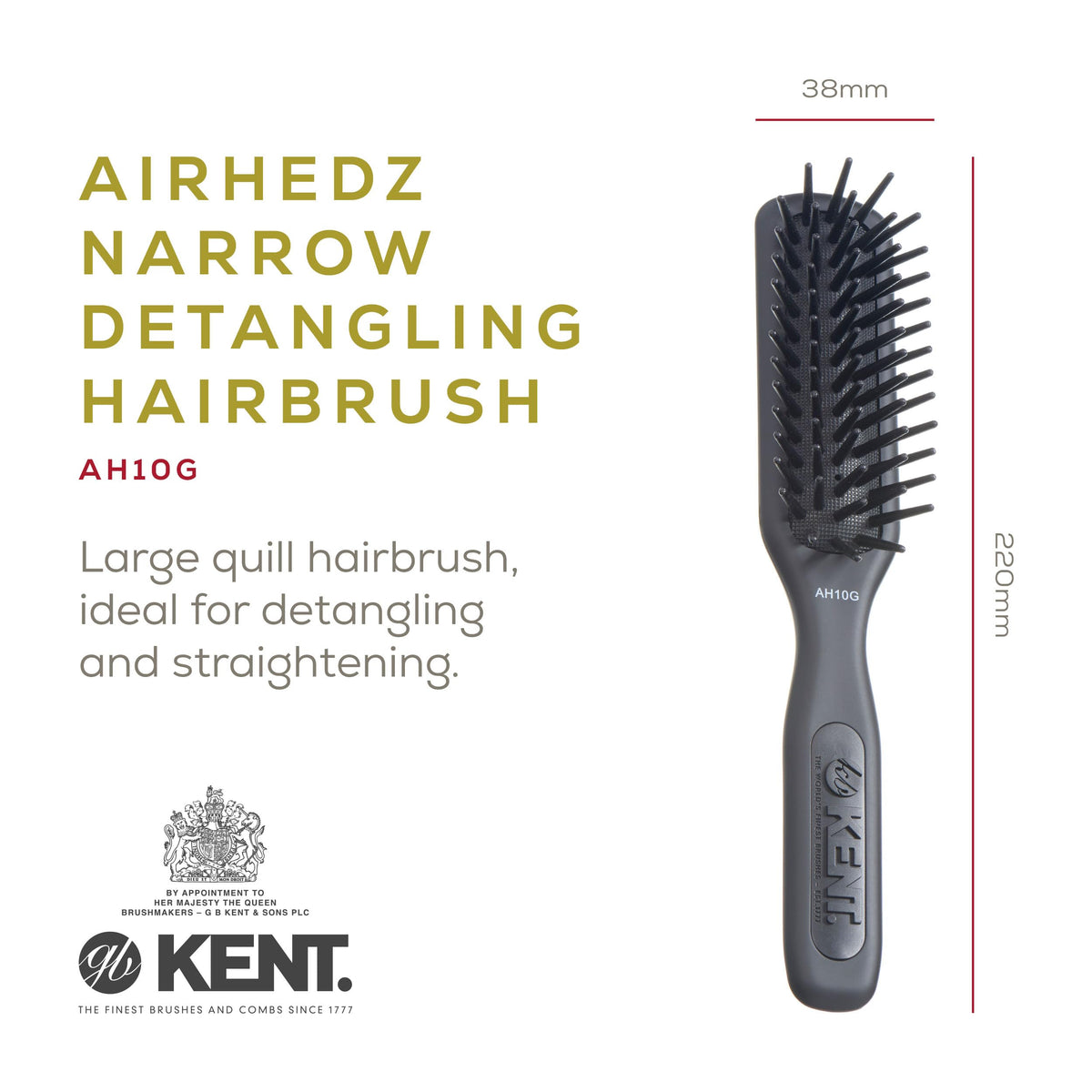 Kent AH10G Airhedz Pro Narrow Pin Hair Brush Narrow Cushion Paddle Brush - Taming Fat Pins, Detangling Long Thick and Curly Hair, Scalp Massager and