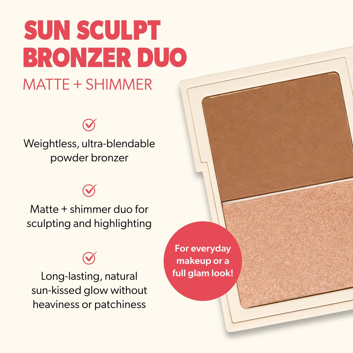 Beauty For Real Sun Sculpt Weightless Bronzer Duo, Good Day Sunshine (Caramel Bronze for Fair/Light to Medium Skin Tones) - Matte + Shimmer Powder -