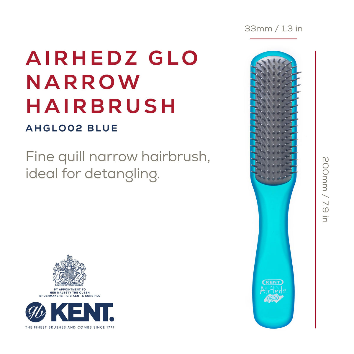 Kent AHGLO02 Airhedz Glo Blue Half Round Narrow Detangling Hair Brush - 9 Row Ionic Anti Static Non Scratch Long Nylon Bristle Great for Detangling