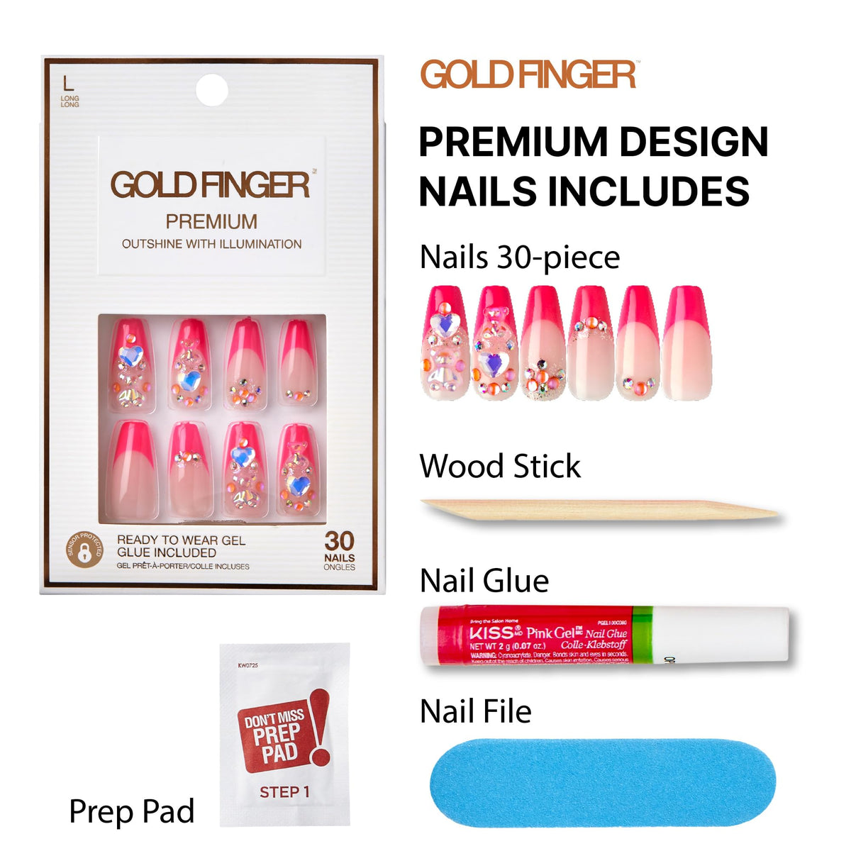 GoldFinger Premium Luxury False Nails Kit, Ready to Wear Pink French Nails, Manicure Stick and Glue Included, Long Coffin Shape with 3D Rhinestones
